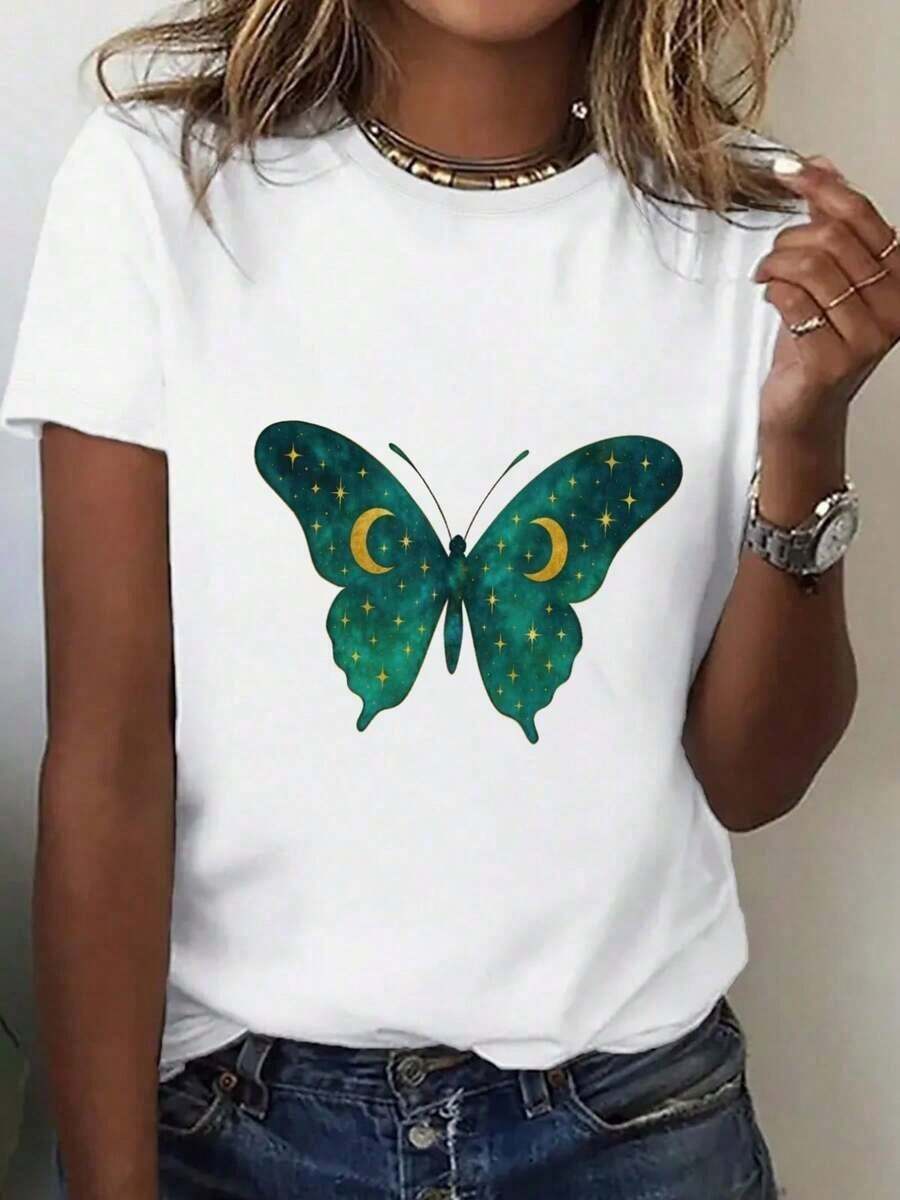 Women's Plus Size Blouses - Oversized T-Shirt For Women - Casual Short Sleeve Top, Starry Butterfly Pattern In Green And Gold, Lightweight And Breathable Fabric, Casual Spring/Summer Style, Suitable For Home And Outings, Fun Geometric Design, Butterfly T-Shirt, Summer Clothes, Round Neck, Soft Texture, Fashionable T-Shirt, T-Shirt For Women's Summer Wardrobe. - 白色的 - 查看 1