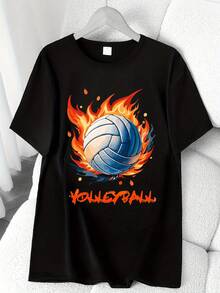 Volleyball Sports Print T-Shirt. Short Sleeve, Round Neck, High-Elasticity Casual Sports Top. Machine Washable. Spring And Summer. Women's Clothing. Elegant Party Outfit, Stylish Ladies' T-Shirt, Blouses Suitable For Curvy Women, Casual Wear, Cool And Sweat-Free Summer Clothing, Fun Letter Print. - 黑色 - 查看 1
