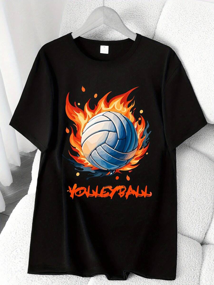 Volleyball Sports Print T-Shirt. Short Sleeve, Round Neck, High-Elasticity Casual Sports Top. Machine Washable. Spring And Summer. Women's Clothing. Elegant Party Outfit, Stylish Ladies' T-Shirt, Blouses Suitable For Curvy Women, Casual Wear, Cool And Sweat-Free Summer Clothing, Fun Letter Print. - 黑色 - 查看 1