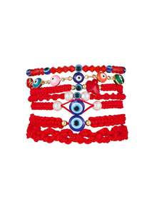 6-7pcs/Set Evil Eye Red Braided Bracelet Set, Adjustable Protection Rope Bracelet With Beads And Faux Pearls, Stackable Good Luck Jewelry For Women - Multicolor - View 10
