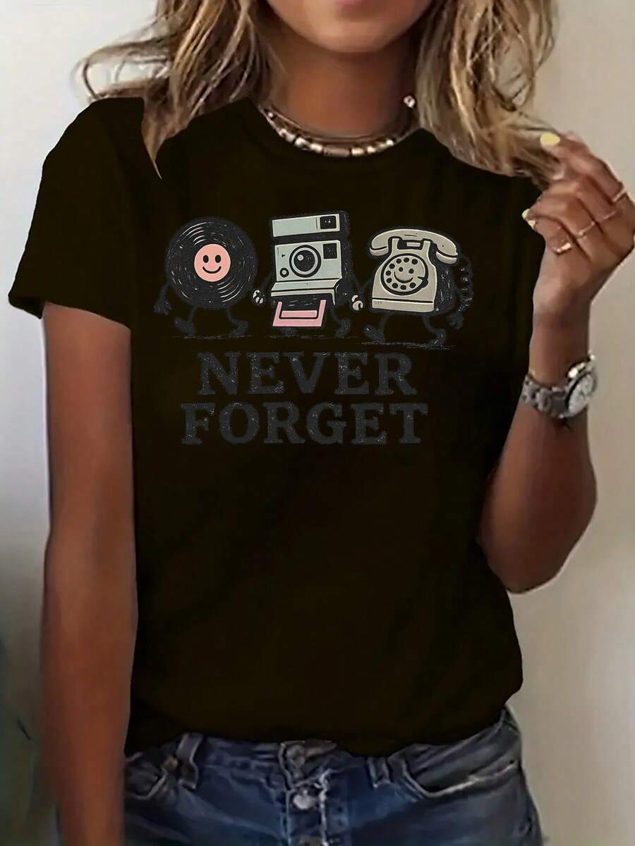 Never Forgotten, Vinyl Record Print, Women's Casual Short Sleeve T-Shirt, Comfortable Fit, Sister Sets, Outdoor Travel Essential, Women's T-Shirt, Spring/Summer T-Shirt. - 黑色 - 查看 1