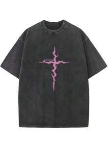 Women's & Men's Unisex 1-Piece T-Shirt, 230g Washed, Retro Cross Print, High-Quality Cotton Batik Retro Fashion Brand T-Shirt, Suitable Thickness For Summer T-Shirt, Holiday Gift - 黑色 - 查看 6
