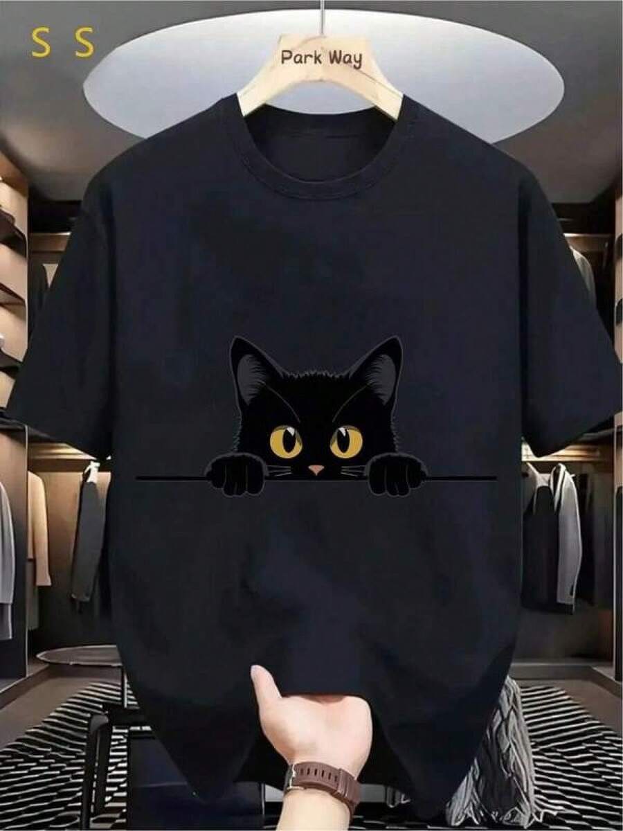 1pc Women's T-Shirt Funny Black T-Shirt Lovely Cat Original Design Simple Casual For Cat Lovers Different Occasions Modern Comfortable Fit Current Fashion Popular Keywords Unique Cotton Short Sleeve T-Shirt - 黑色 - 查看 1
