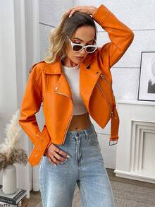 Women's Solid Color Minimalist Casual Zip-Up Short Jacket - Orange - View 5