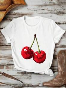 Women's Camisole With Cherry Graphic Print, Spring Style, 100% Cotton, Round Neck, Relaxed Fit, Comfortable, Casual. Suitable As A Gift. Women's T-Shirt. Blouses > Elegant. Boho Chic. Soft, Breathable, And Comfortable Women's Top, Ideal For Spring, Summer, And Autumn, Perfect For Vacations, Travel, And Everyday Wear. - 白色的 - 查看 1