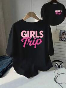 | Exquisite Design | Loose And Comfortable | Easy To Match | Short-Sleeved Printed T-Shirt With Front And Back Designs - Girls Trip - Fashionable Printed T-Shirt For Women, Spring/Summer,  Item, Versatile And Casual. - 黑色 - 查看 1