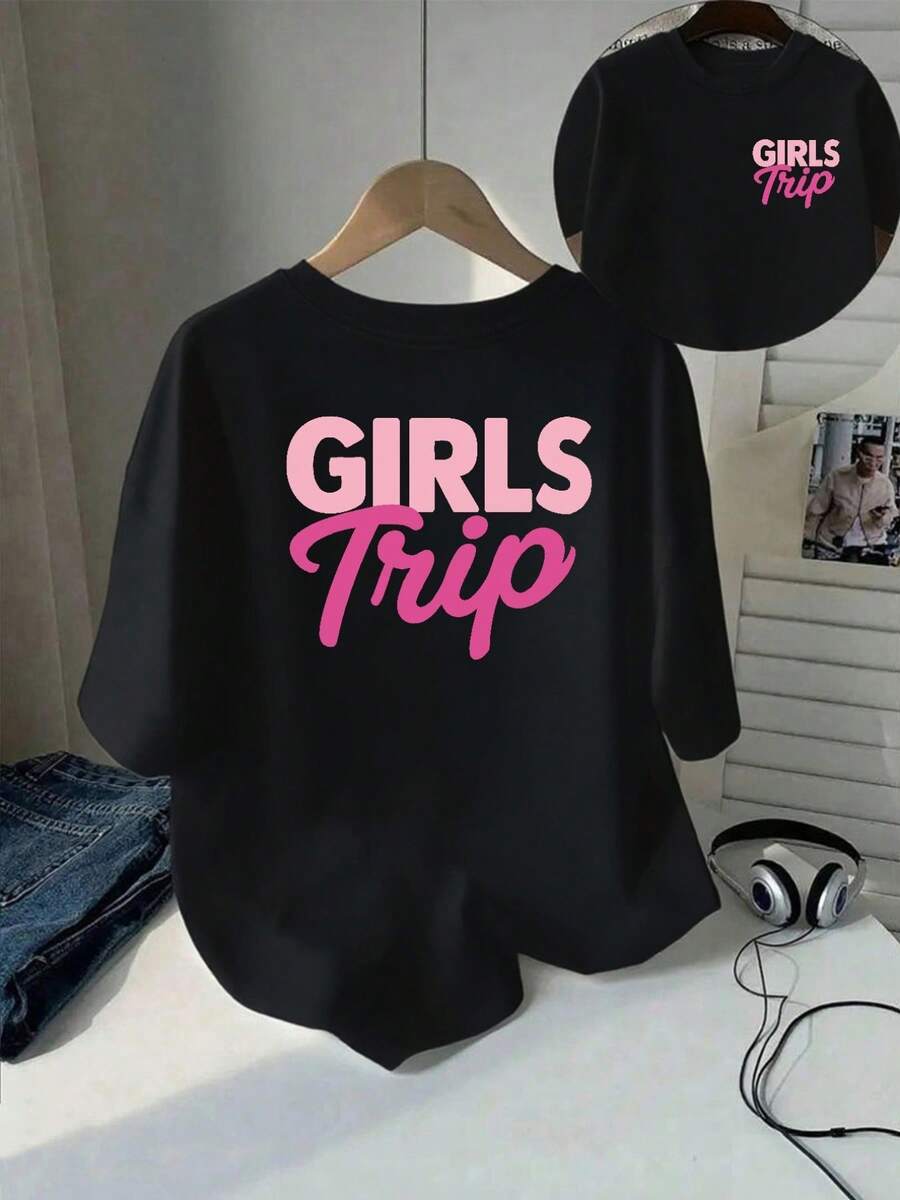| Exquisite Design | Loose And Comfortable | Easy To Match | Short-Sleeved Printed T-Shirt With Front And Back Designs - Girls Trip - Fashionable Printed T-Shirt For Women, Spring/Summer,  Item, Versatile And Casual. - 黑色 - 查看 1