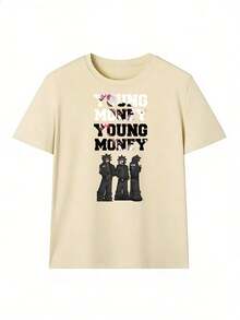 T-Shirt With "YOUNG MONEY" Text And Urban Figures,  Short-Sleeved T-Shirt For Spring And Summer 2026, Made In Mexico, 180 Grams. Cartoon Print, Couple Design, Suitable For Indoor Or Outdoor Wear. Crew Neck, Unisex, Ideal For Office And Leisure. One-Pack. - APR-P631577SLNDXZGY596 - 查看 2