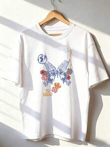 Blue Butterfly T-Shirt With "Positive World" Text, Fashionable Short-Sleeve T-Shirt For Spring/Summer 2026, Made In Mexico, 180 Grams. Cartoon Print, Couple Design, Suitable For Indoor Or Outdoor Wear. Crew Neck, Unisex, Ideal For The Office And Leisure. One-Pack. - WH-P631577SLNDXZGY627 - 查看 1