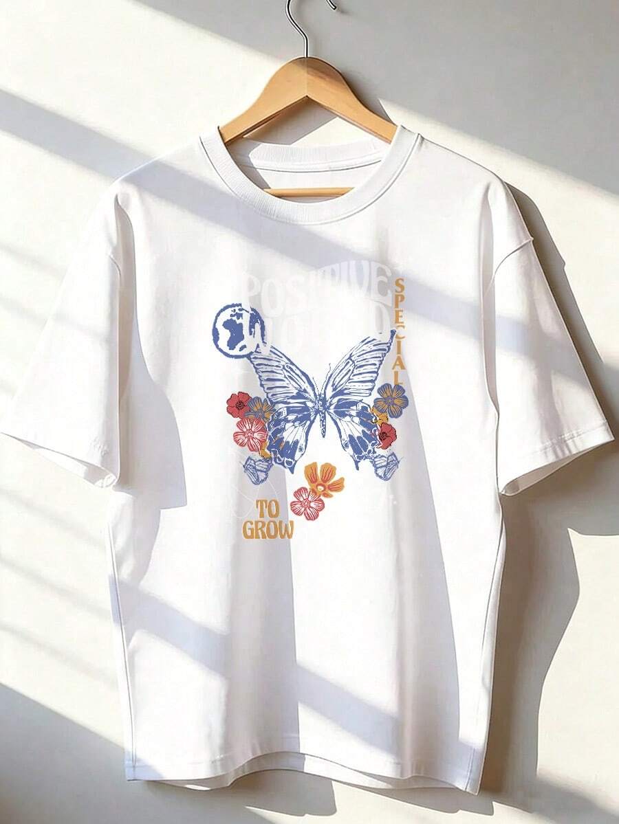 Blue Butterfly T-Shirt With "Positive World" Text, Fashionable Short-Sleeve T-Shirt For Spring/Summer 2026, Made In Mexico, 180 Grams. Cartoon Print, Couple Design, Suitable For Indoor Or Outdoor Wear. Crew Neck, Unisex, Ideal For The Office And Leisure. One-Pack. - WH-P631577SLNDXZGY627 - 查看 1