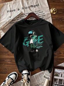 Anime-Style Character T-Shirt With "NEVER GIVE UP" Text.  Short-Sleeved T-Shirt For Spring And Summer 2026, Made In Mexico, 180 Grams. Cartoon Print, Couple Design, Suitable For Indoor Or Outdoor Wear. Crew Neck, Unisex, Ideal For The Office And Leisure. One-Pack. - BK-P631577SLNDXZGY597 - 查看 4