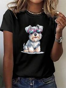 Women's Printed T-Shirt With Cartoon Dog And Heart-Shaped Glasses - Casual Short Sleeve Crew Neck T-Shirt, Relaxed Fit For All Seasons, Perfect For Everyday Wear And Holiday Outfits (Machine Washable), Style With Blue Jeans. - 黑色 - 查看 1