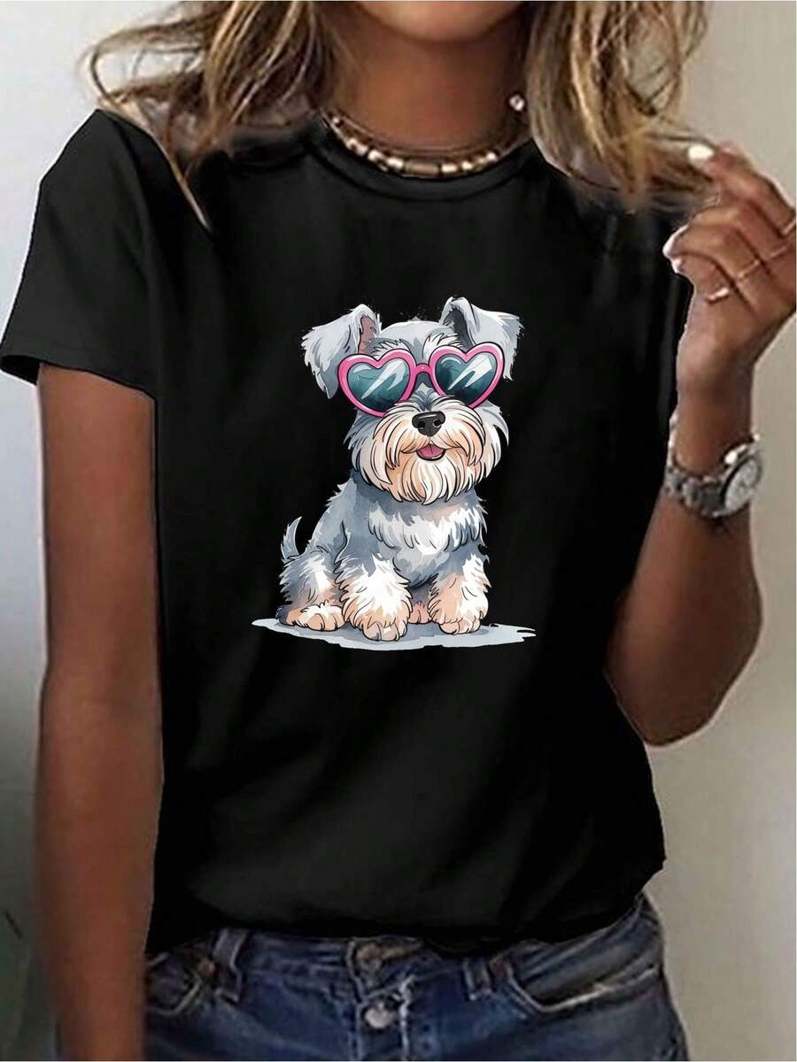 Women's Printed T-Shirt With Cartoon Dog And Heart-Shaped Glasses - Casual Short Sleeve Crew Neck T-Shirt, Relaxed Fit For All Seasons, Perfect For Everyday Wear And Holiday Outfits (Machine Washable), Style With Blue Jeans. - 黑色 - 查看 1