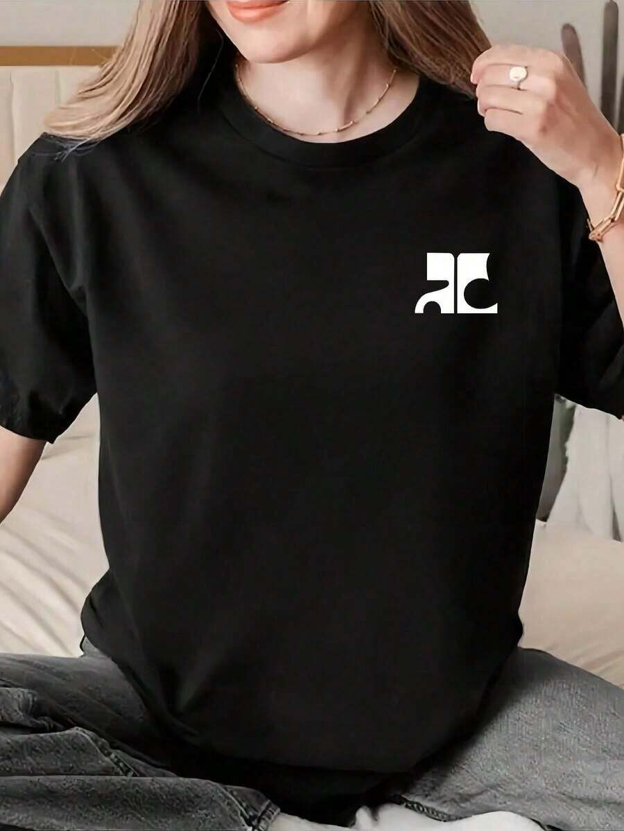 Soft Women's Short-Sleeved, Round-Neck T-Shirt, Classic Style, Ideal For Summer, With White Print Details. - Black - View 1
