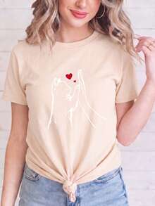 Women's Short-Sleeved T-Shirt With Interactive Cat-Themed Heart Line Print, Round Neck, Machine Washable, Soft And Breathable, Suitable For Spring, Summer, Autumn, Casual And Versatile, Everyday Top For Women, Sizes S-XXL, Ideal For Going To Work, Shopping, Going Out, Relaxing At Home And For Cat Lovers, Suitable For Multiple Occasions. - 黑色 - 查看 10
