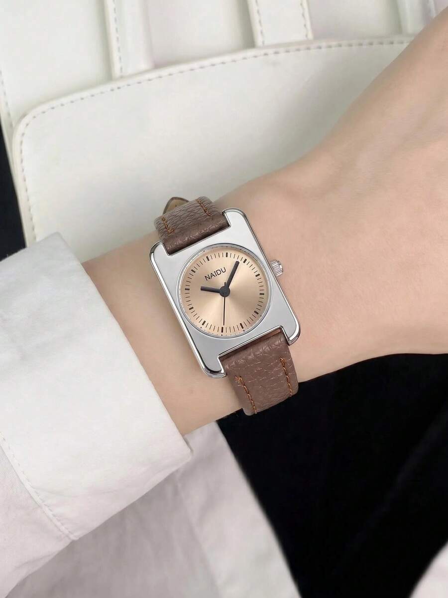 1 chiếc đồng hồ đeo tay nữ kiểu dáng retro, tối giản, thanh lịch, làm bằng da, sử dụng máy quartz, thích hợp để đeo hàng ngày. - màu nâu - Xem 1