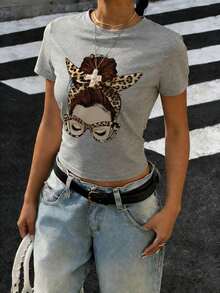 Short-Sleeved T-Shirt With A Round Neck, Relaxed Fit, And Simple Slogan Print, For Women, Ideal For Summer, Holidays, And Everyday Wear. Women's T-Shirt. White Blouses For Women. - 淺灰色 - 查看 6