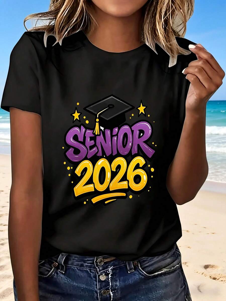 Senior 2026 Graduation T Shirt With Purple And Yellow Design Fashionable Casual Wear For Beach Party School Events Perfect Gift For Graduates - Black - View 1