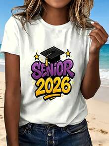 Senior 2026 Graduation T Shirt With Purple And Yellow Design Fashionable Casual Wear For Beach Party School Events Perfect Gift For Graduates - 白色 - 查看 1