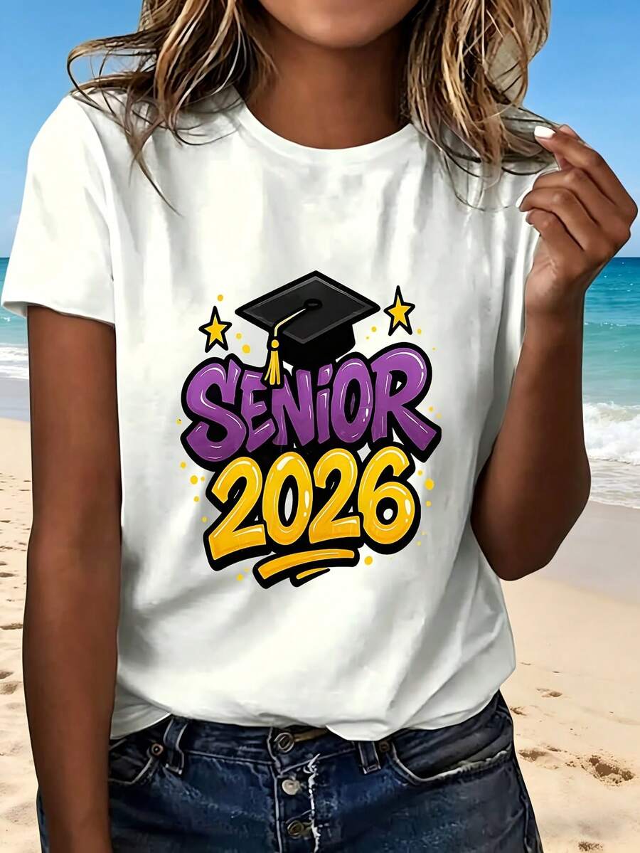 Senior 2026 Graduation T Shirt With Purple And Yellow Design Fashionable Casual Wear For Beach Party School Events Perfect Gift For Graduates - 白色 - 查看 1