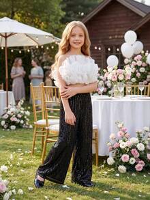 Tween Girl Floral Applique Spaghetti Strap Elegant Party Dress 2-Piece Set, Suitable For Girls Dresses Birthday Party, Prom, Wedding, Bridesmaid, Holiday Celebration - White - View 1