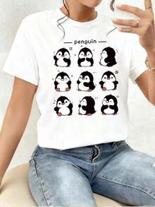 Women's T-Shirt With An Adorable Penguin Print, An Original And Fun Design For A Casual And Modern Style, Ideal For Animal And Nature Lovers, Soft And Comfortable Fabric For Everyday Wear, Add A Touch Of Joy To Your Wardrobe With This Unique And Versatile Garment! - 白色的 - 查看 1