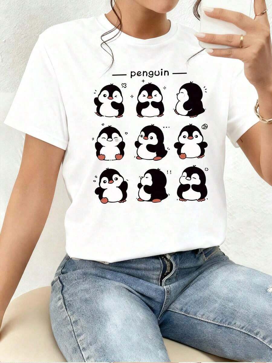 Women's T-Shirt With An Adorable Penguin Print, An Original And Fun Design For A Casual And Modern Style, Ideal For Animal And Nature Lovers, Soft And Comfortable Fabric For Everyday Wear, Add A Touch Of Joy To Your Wardrobe With This Unique And Versatile Garment! - 白色的 - 查看 1