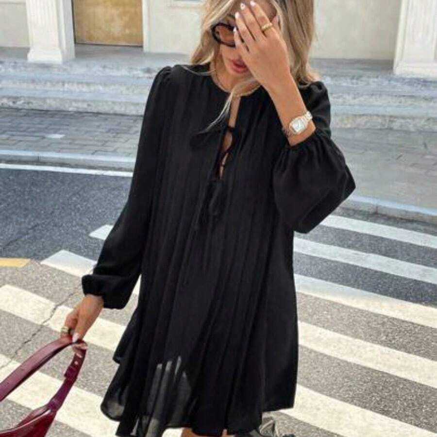 Vestido de manga larga a rayas, estilo francés, plisado, vestido negro de mujer de manga larga de temporada, ropa de mujer retro, elegante - Negro - Ver 1
