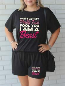 Don't Let My Pretty Face Fool You I Am A BeastPrint Two Piece Plus Size Sets Women's T-Shirt And Shorts Set - Soft, Stylish, Suitable For Leisure Sports - 黑色 - 查看 1