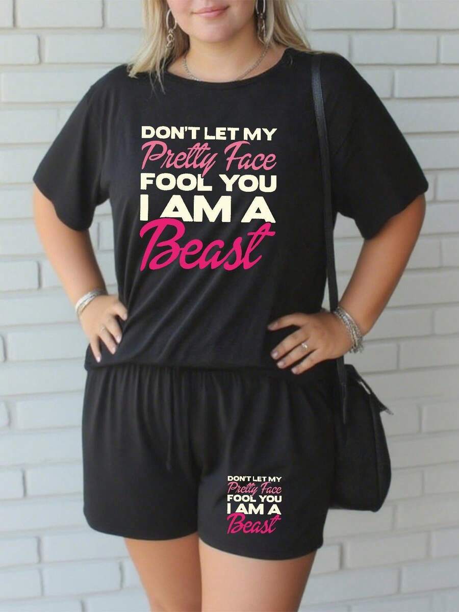 Don't Let My Pretty Face Fool You I Am A BeastPrint Two Piece Plus Size Sets Women's T-Shirt And Shorts Set - Soft, Stylish, Suitable For Leisure Sports - 黑色 - 查看 1