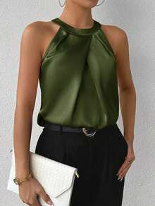 Blusa de crepé champán con cuello fruncido, sin mangas, elegante y sencilla para la oficina, para uso diario y de oficina - Verde militar - Ver 4