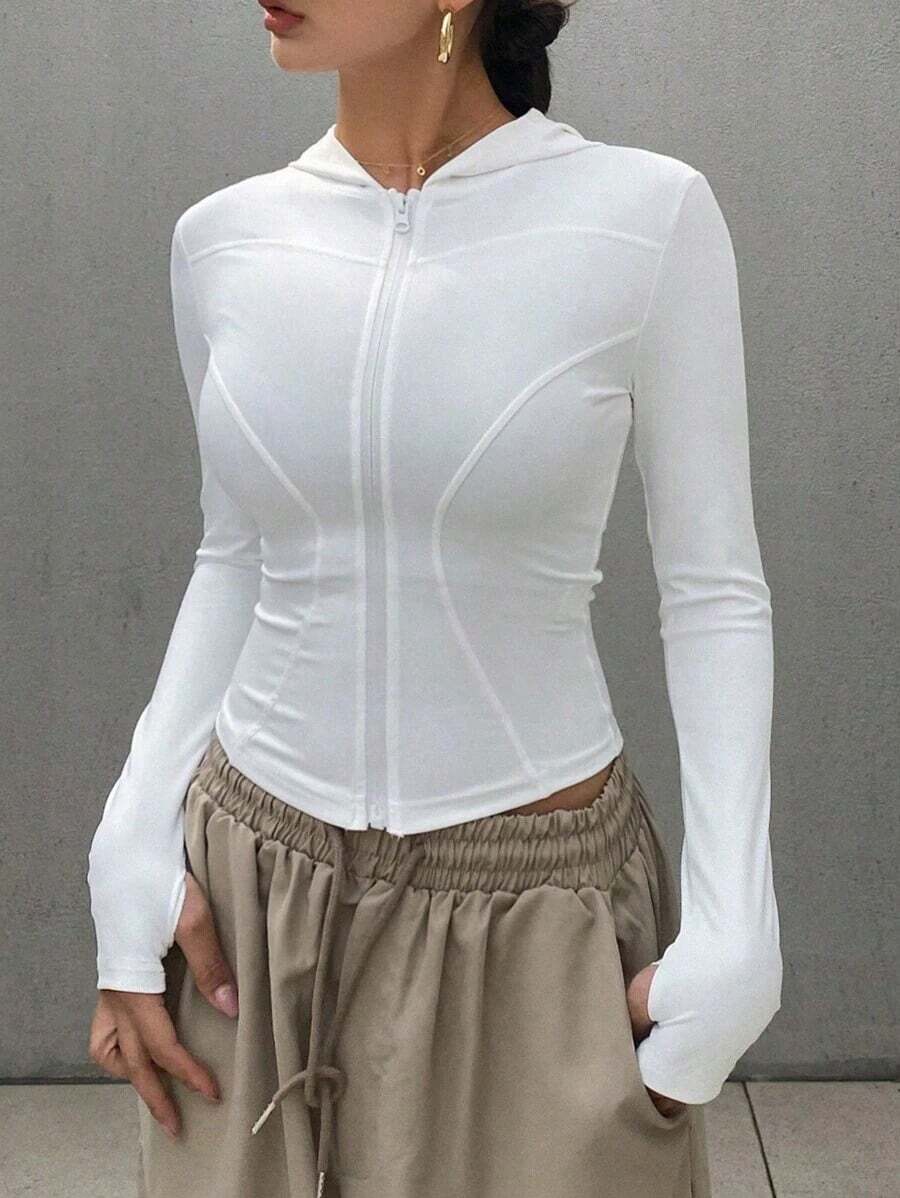 Chaqueta de manga larga sólida para mujer, ajuste delgado, minimalista ideal para primavera y verano - Blanco - Ver 1
