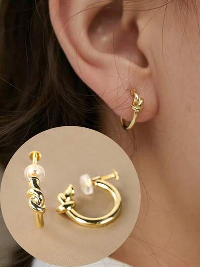 1 Pair Fashion New Knotted Hoop Copper Earrings For Women, No Piercing Screw Clip-On Adjustable Earrings, Suitable For Daily Wear And Holiday Gifts