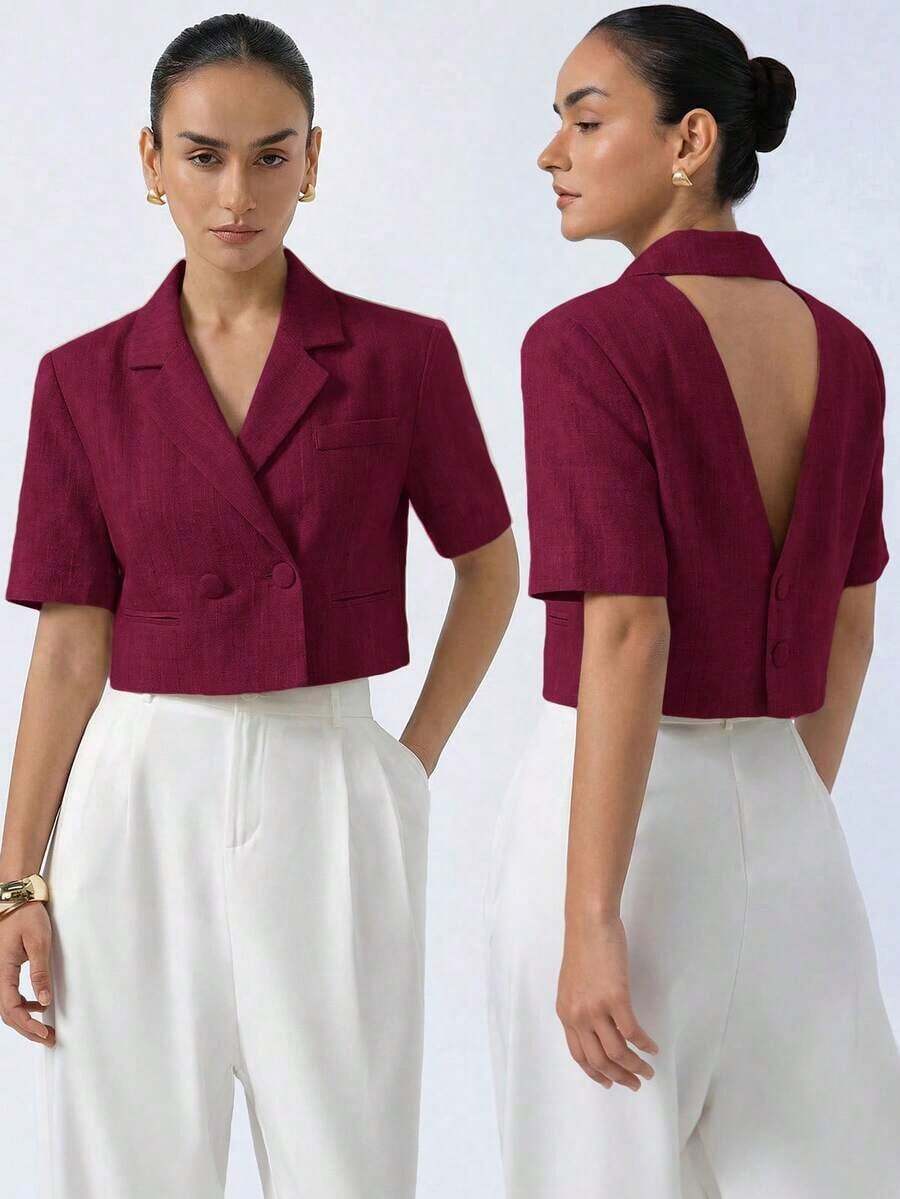 Nueva chaqueta elegante y sofisticada de tela texturizada con cuello de solapa, diseño de espalda cruzada, cintura corta y mangas cortas para estilizar la figura de la mujer - Burdeos - Ver 1