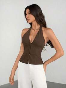 Tall Blazer casual de unicolor con cuello en V para mujer, top de traje tejido - Conjunto de otoño vintage seductor de oficina para maestras - Marrón - Ver 3