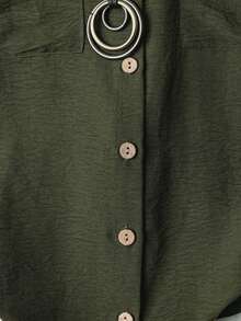 Camisa casual de moda cómoda para mujer de talla grande, de unicolor, con cierre de botones completo, cuello de solapa, manga corta y bolsillos dobles - Verde militar - Ver 7