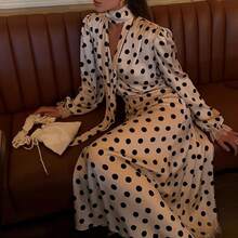 New Spring Collection Women's Dress, Retro Polka Dot Style, V-Neck, Puff Sleeves And Defined Waist - 白色 - 查看 3
