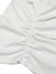 Camiseta blanca básica, casual y sencilla con cuello en V, manga corta, ajustada, con fruncido lateral, acanalada y elástica para mujeres, para el verano - Blanco 3 - Ver 8