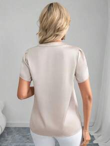 Clasi Blusa de satén de unicolor con mangas de pétalos de estilo elegante y cuello en V para primavera/verano - Albaricoque - Ver 3