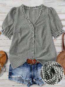 Blusa casual con cuello en V, volantes y mangas de pétalos acanalados para tallas grandes - Blanco y Negro - Ver 1