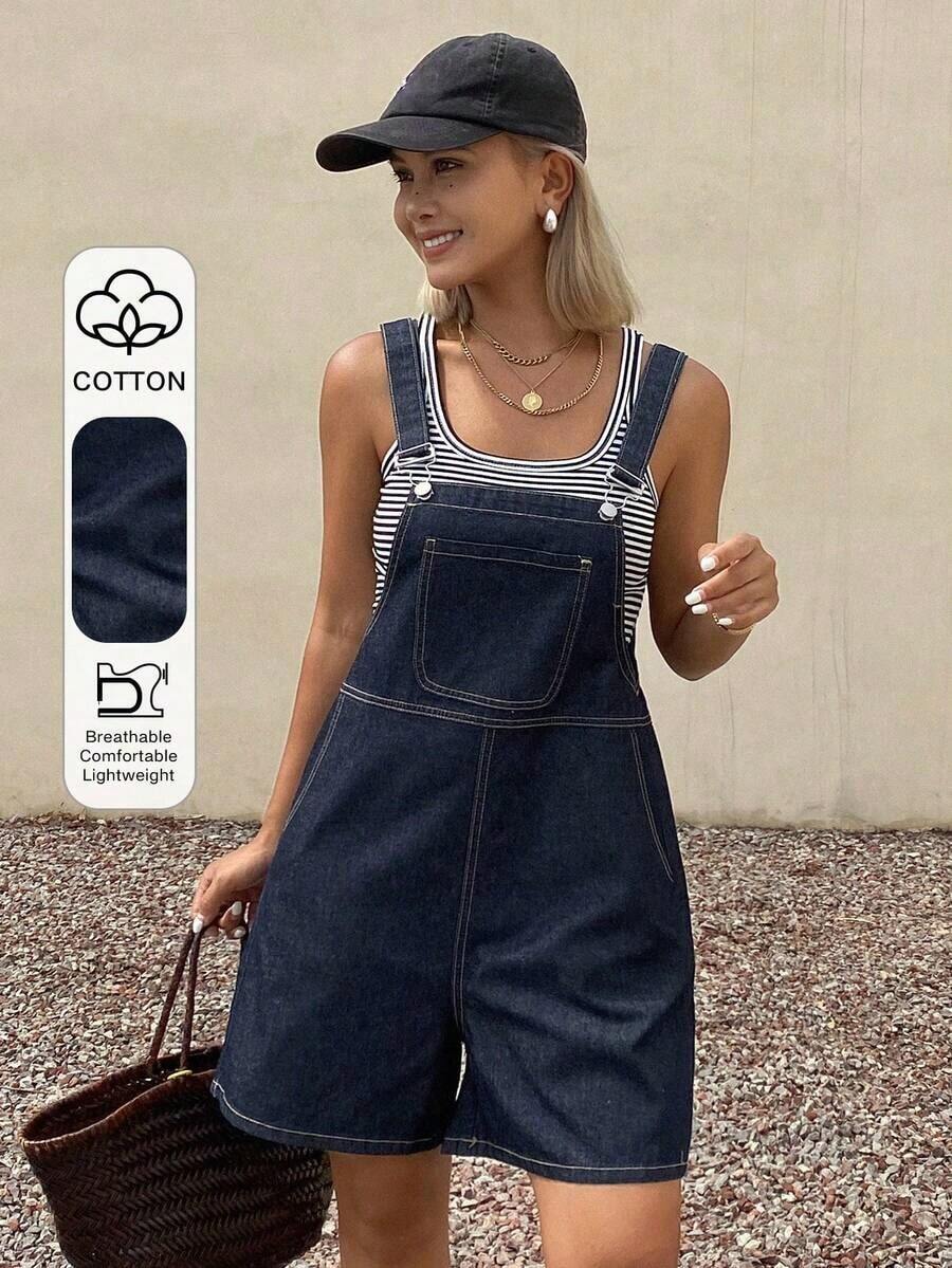 Mono de peto de mezclilla vintage con efecto desgastado para mujer, de corte casual y holgado - Azul lavado oscuro - Ver 1