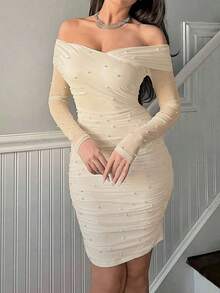 de mujer blanco con hombros descubiertos y perlas falsas, elegante vestido de mujer con contraste de malla, fruncido, cremallera, manga larga descubierta del hombro, ajuste ceñido, manga recta corta blanca, vestidos cortos sencillos de muj - Albaricoque - Ver 1