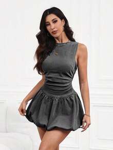 Vestido de mezclilla con volantes y espalda descubierta, elegante y ceñido a la cintura - Gris - Ver 1