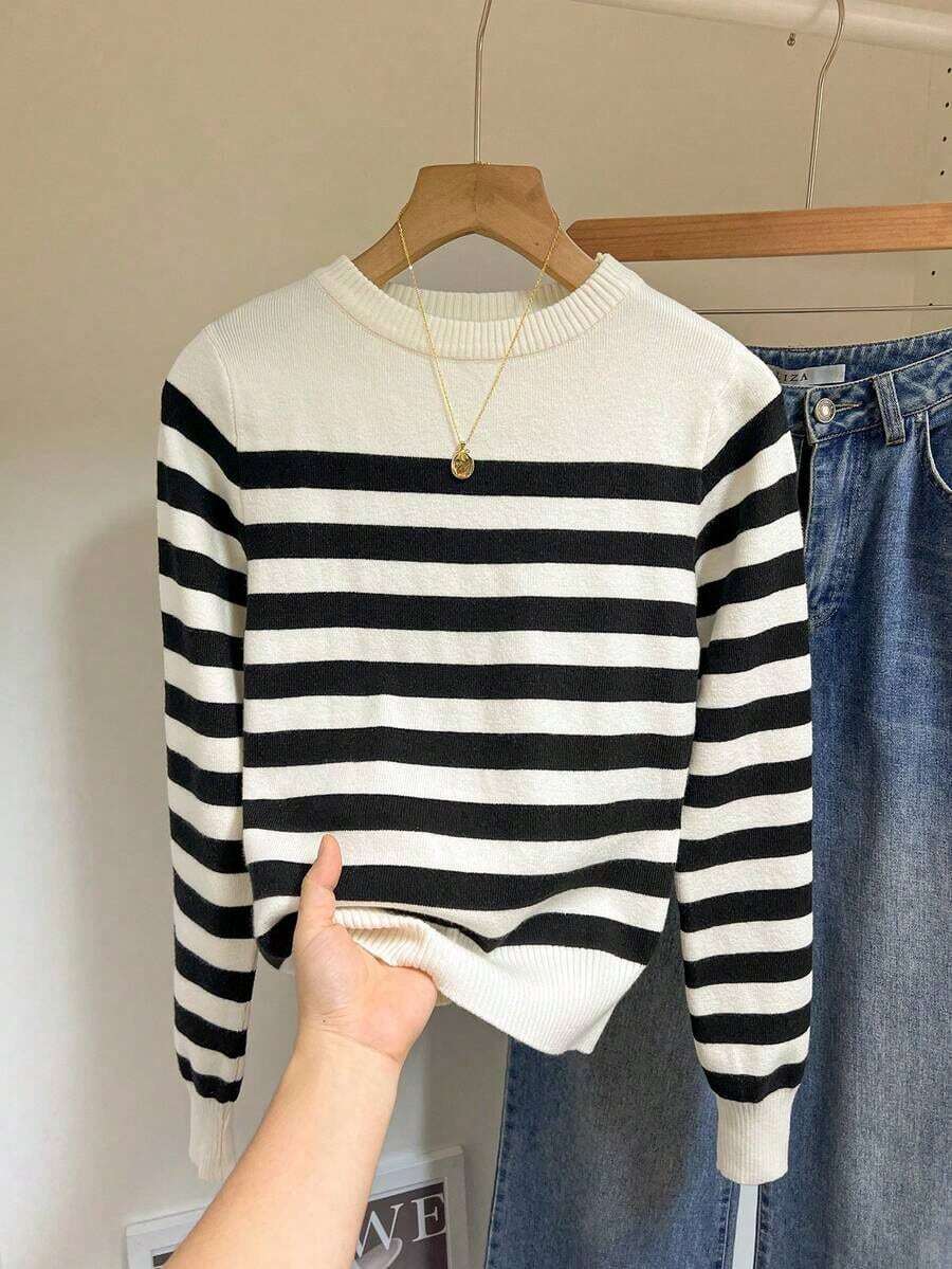 Suéter de punto acanalado con estampado de rayas, tops de manga larga, suéter de punto en otoño/invierno - Blanco y Negro - Ver 1