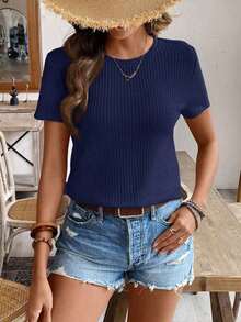 de manga corta para la primavera y el verano con cuello redondo y unicolor en tela texturizada para uso casual - Azul marino - Ver 7