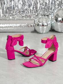 Sandalias elegantes y glamorosas con tacón grueso de punta cuadrada y decoradas con rhinestones, adecuadas para banquetes y fiestas, de moda y versátiles - Rosa Fucsia - Ver 7