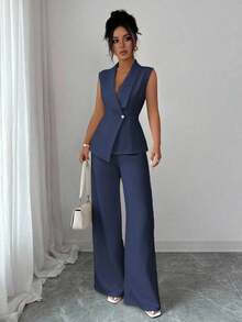 Conjunto de oficina elegante para mujer, compuesto por una chaqueta blazer sin mangas con cuello y bajo asimétrico, con hebilla metálica en la cintura, combinada con pantalones de cintura elástica.Conjunto de 2 piezas elegante para primavera/verano, atuendo formal y de clase para mujer. - Azul marino - Ver 7