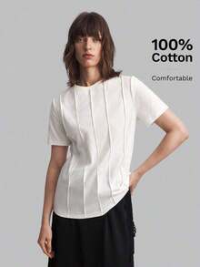 Camiseta casual de mujer de manga corta con cuello redondo, diseño de rayas de palillo de dientes de unicolor, adecuada para uso casual urbano de primavera/verano, moda minimalista, viajes de oficina, sencillez elegante, atuendo para el Día d - Caqui 2 - Ver 6