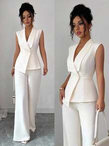 Conjunto de oficina elegante para mujer, compuesto por una chaqueta blazer sin mangas con cuello y bajo asimétrico, con hebilla metálica en la cintura, combinada con pantalones de cintura elástica.Conjunto de 2 piezas elegante para primavera/verano, atuendo formal y de clase para mujer. - Albaricoque - Ver 9