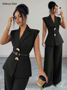 Conjunto de blazer de unicolor con decoración de hebilla metálica y bolsillo falso + pantalones rectos de cintura alta y sueltos, estilo vintage francés elegante para oficina, viajes, negocios, casual, citas, primavera/verano - Negro - Ver 1